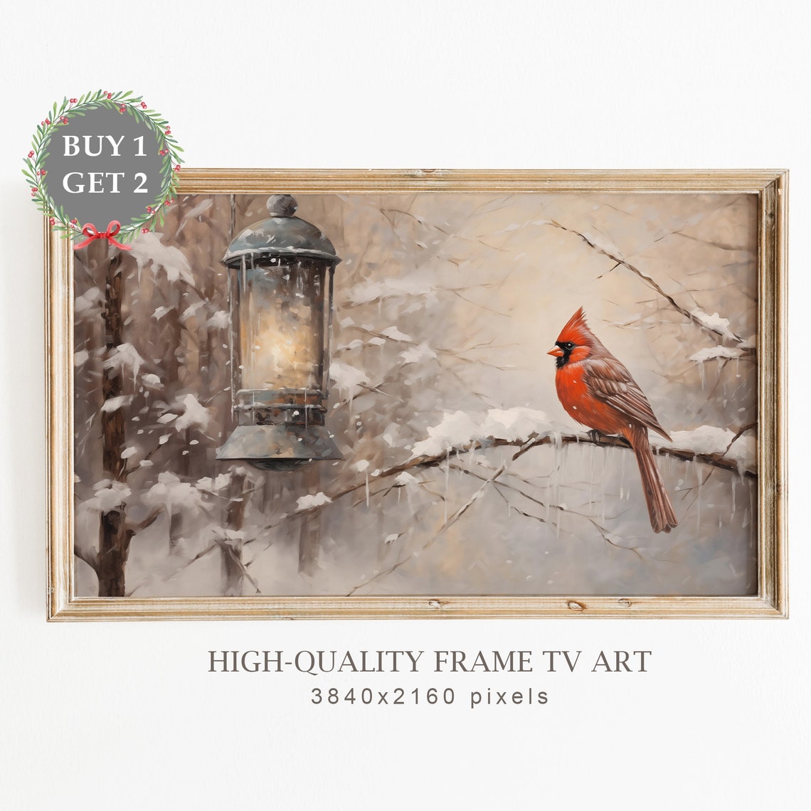Red Cardinal Bird On Snowy Branch Lantern Christmas Art Poster