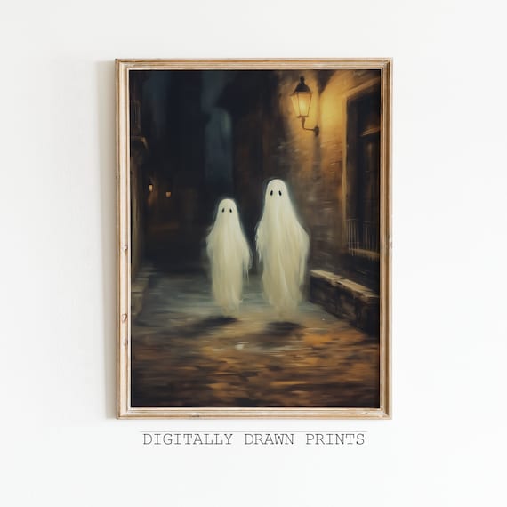 Two Ghosts in Lamplit Old Town Street Moody Halloween Night Art Print