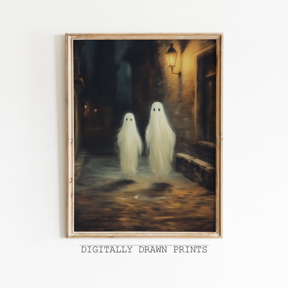 Two Ghosts in Lamplit Old Town Street Moody Halloween Night Art Print