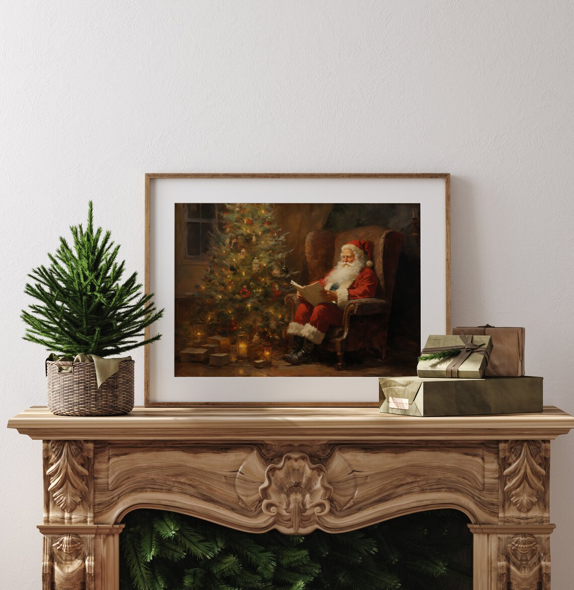 Vintage Christmas Santa Oil Painting Art Print - Image 3