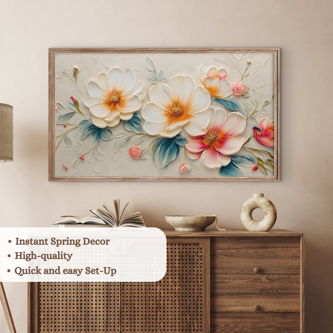 White Cream 3D Flowers Impasto Botanical Frame TV Art Print Neutral Decor - Image 3