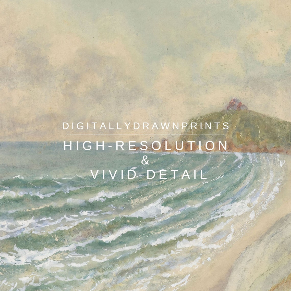 Ocean Waves Sandy Beach Green Headland Vintage Seascape Coastal Poster - Image 2