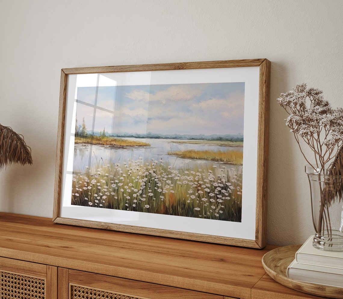 Wildflower Meadow Beside Calm Lake Cloudy Sky Landscape Print - Image 4