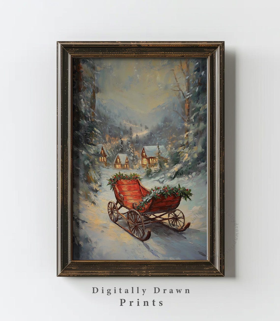 Red Christmas Sleigh Holly Decorated Snowy Village Scene Poster - Image 2