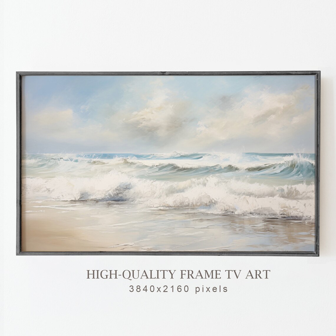 Pastel Ocean Waves Beach Seascape Textured Oil Painting Coastal Wall Poster - Image 5