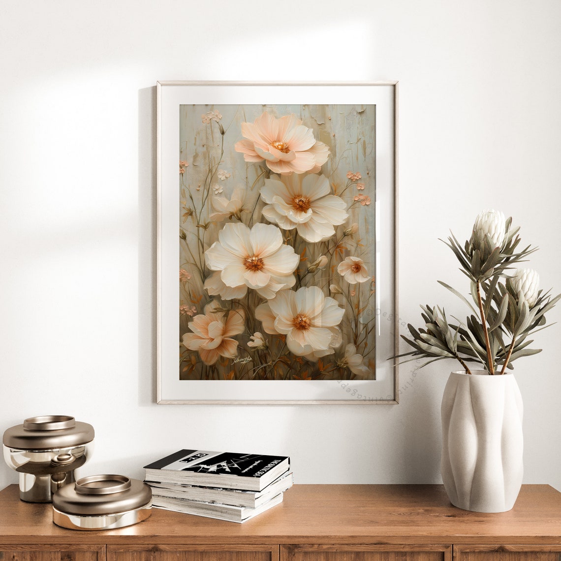 Wildflower Field Landscape Oil Painting Vintage Floral Farmhouse Pinky Cosmos Flowers Spring Neutral Wall Art Print - Image 2