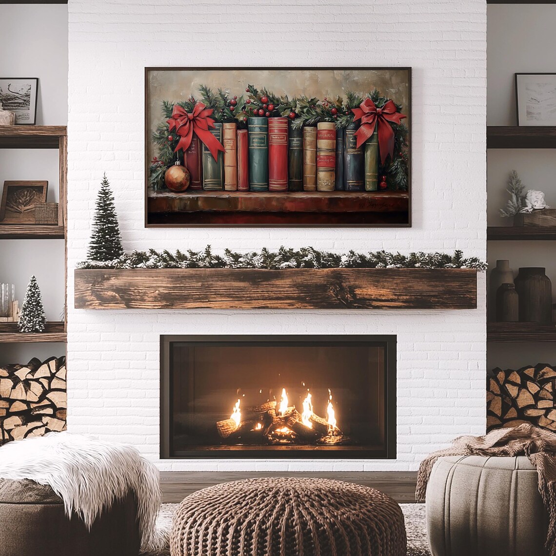 Vintage Christmas Bookshelf Still Life Red Bows Holly Poster - Image 5