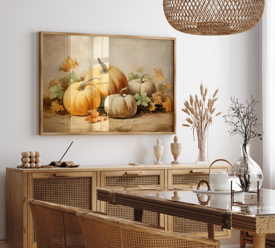 Autumn Pumpkins with Fall Leaves Vintage Still Life Harvest Art Print - Image 3