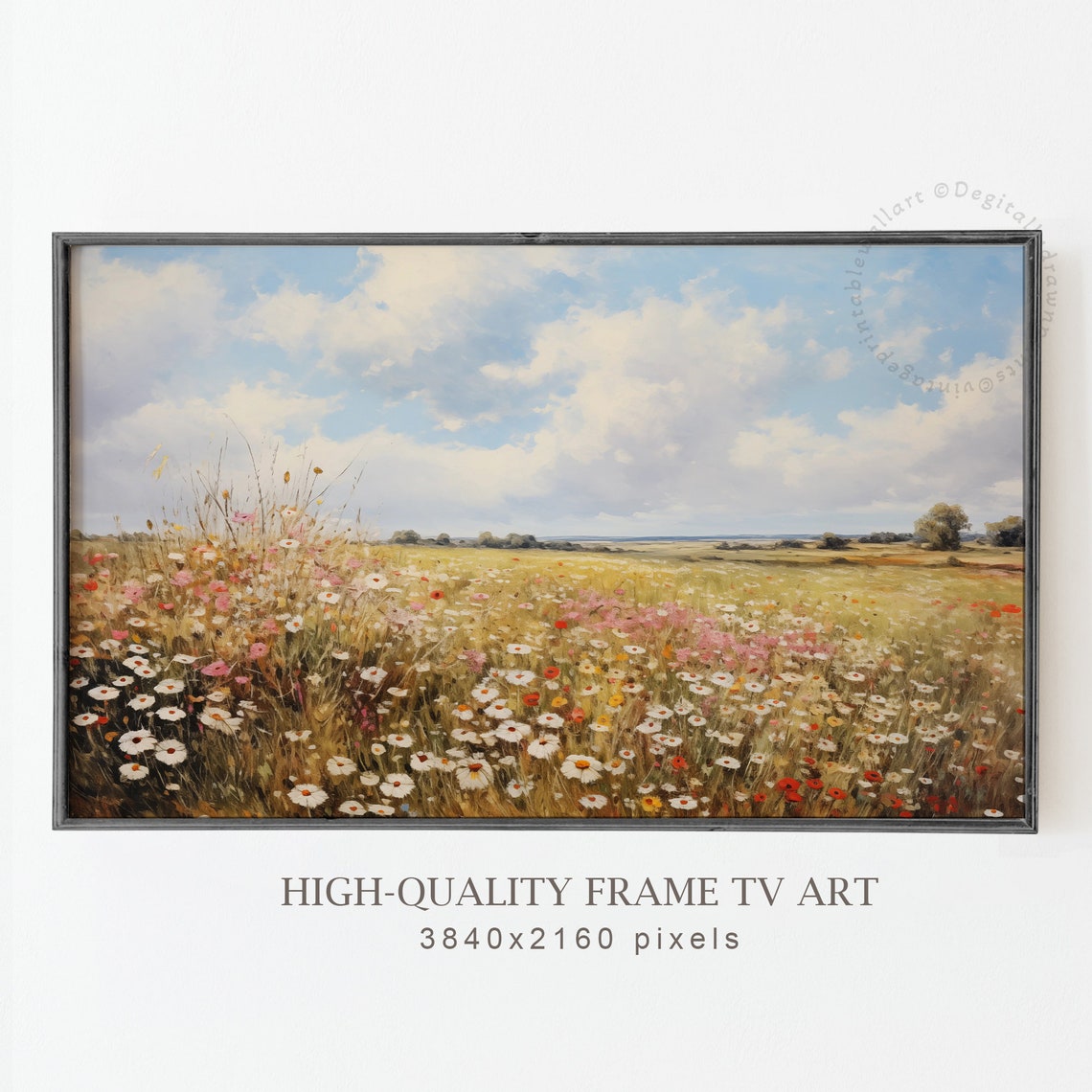 Vast Wildflower Field Under Cloudy Sky Distant Trees Wall Art - Image 4