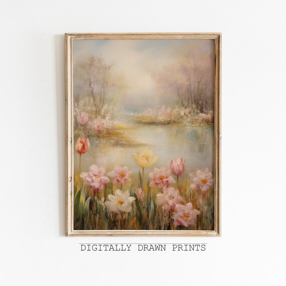 Pink Tulips By Misty Lake Spring Blossom Landscape Oil Art Print