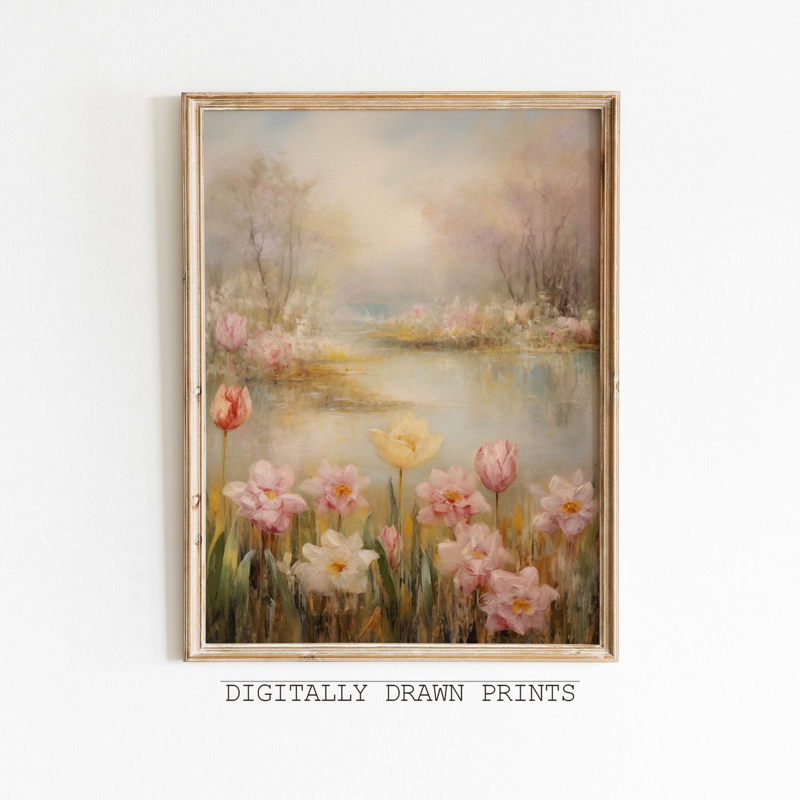 Pink Tulips By Misty Lake Spring Blossom Landscape Oil Art Print