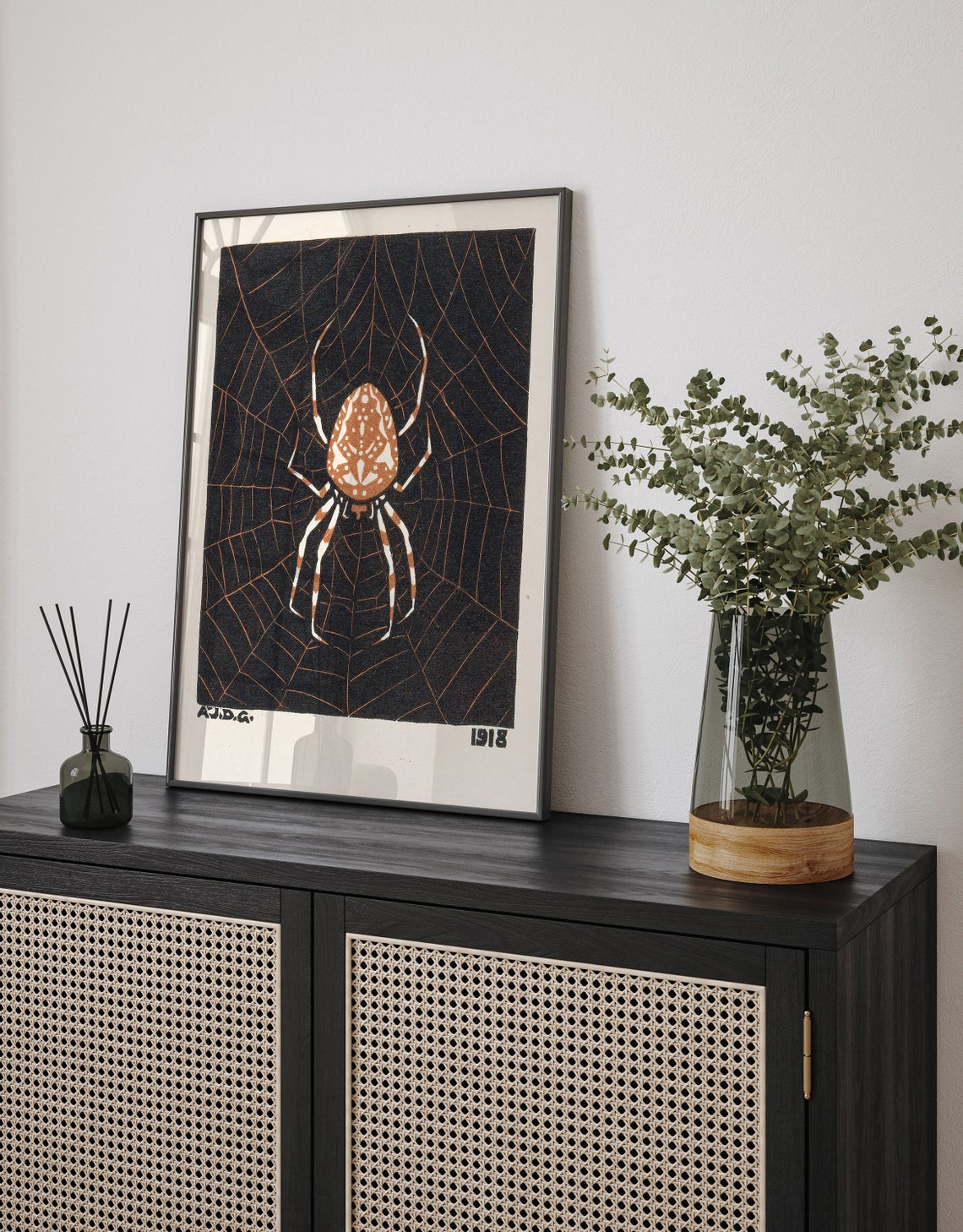Vintage 1918 Spider on Web Woodcut Style Orange Halloween Art Print - Image 3