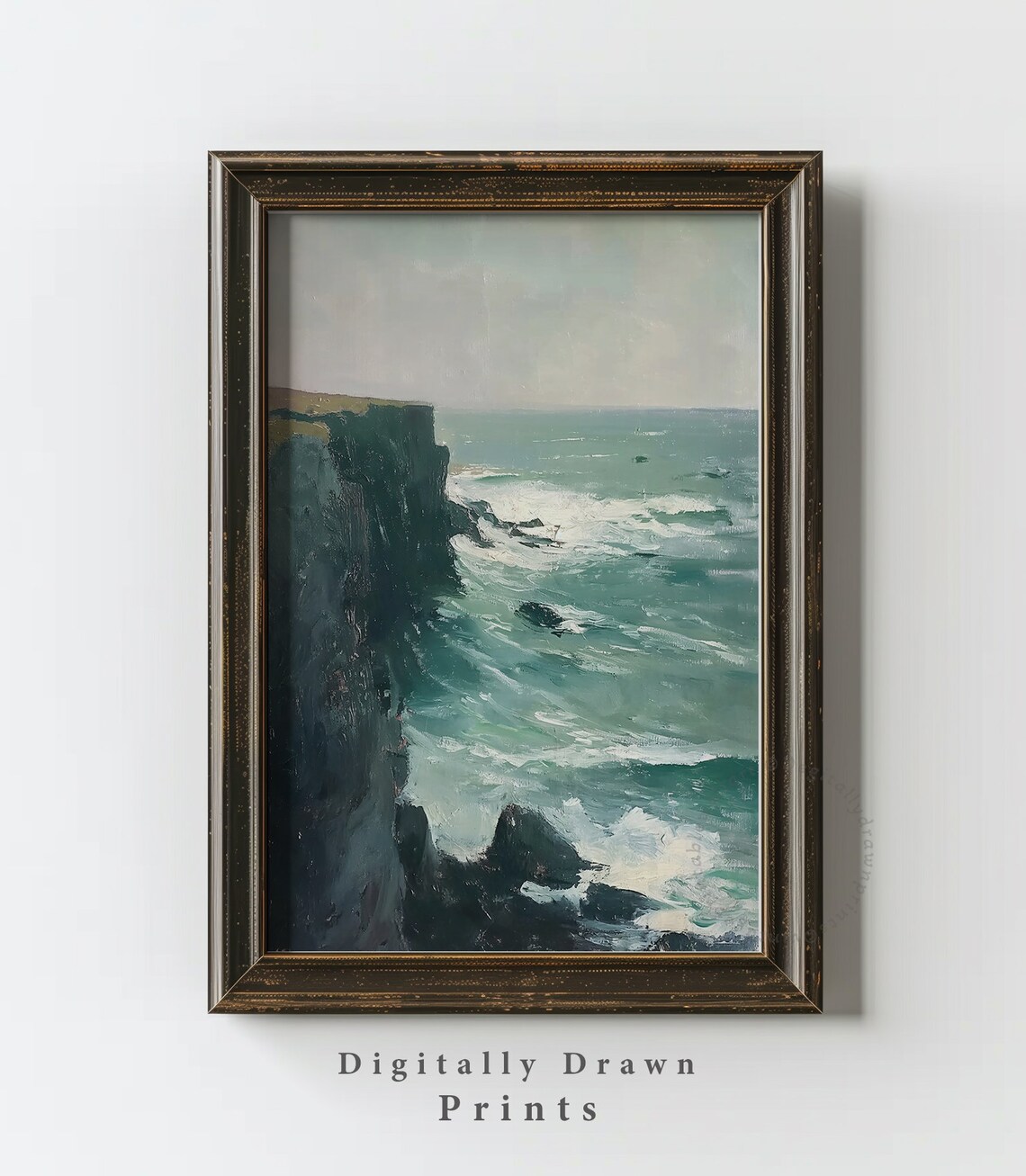 Dramatic Ocean Cliffs Crashing Waves Teal Vintage Coastal Cliff Art Poster - Image 5