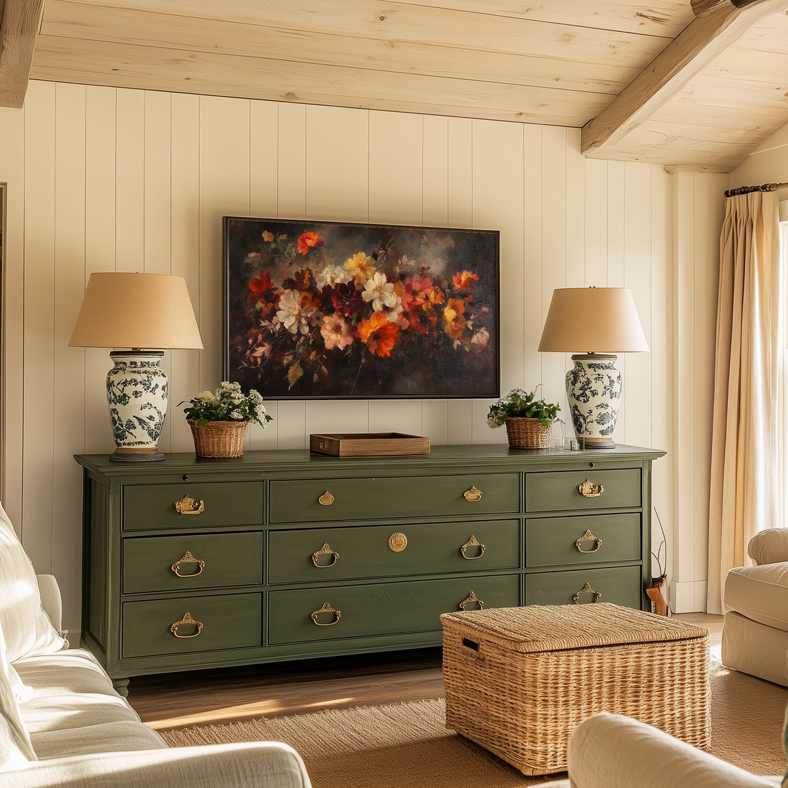 Dark Moody Floral Still Life Orange Autumn Blooms Oil Poster - Image 4
