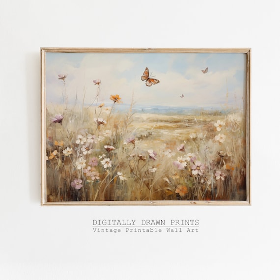Butterfly Wildflower Field Landscape Vintage Art Print