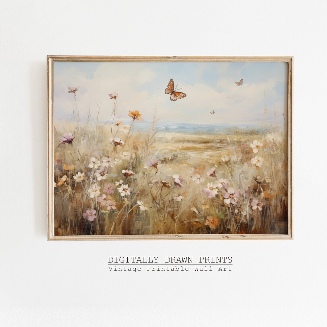 Butterfly Wildflower Field Landscape Vintage Art Print