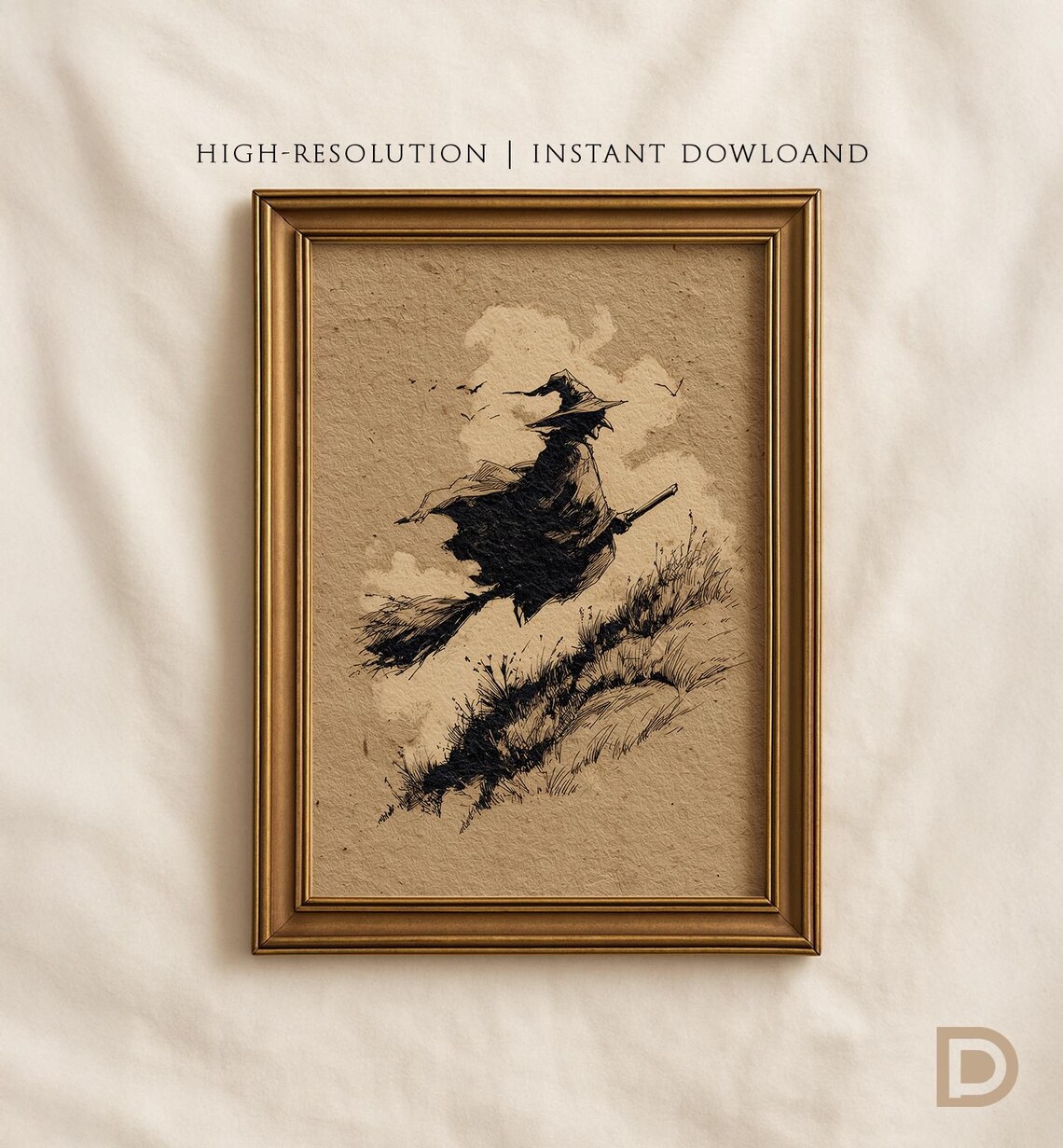 Vintage Witch Drawing Gothic Halloween Wall Art Rustic On Broomstick Sketch Dark Academia