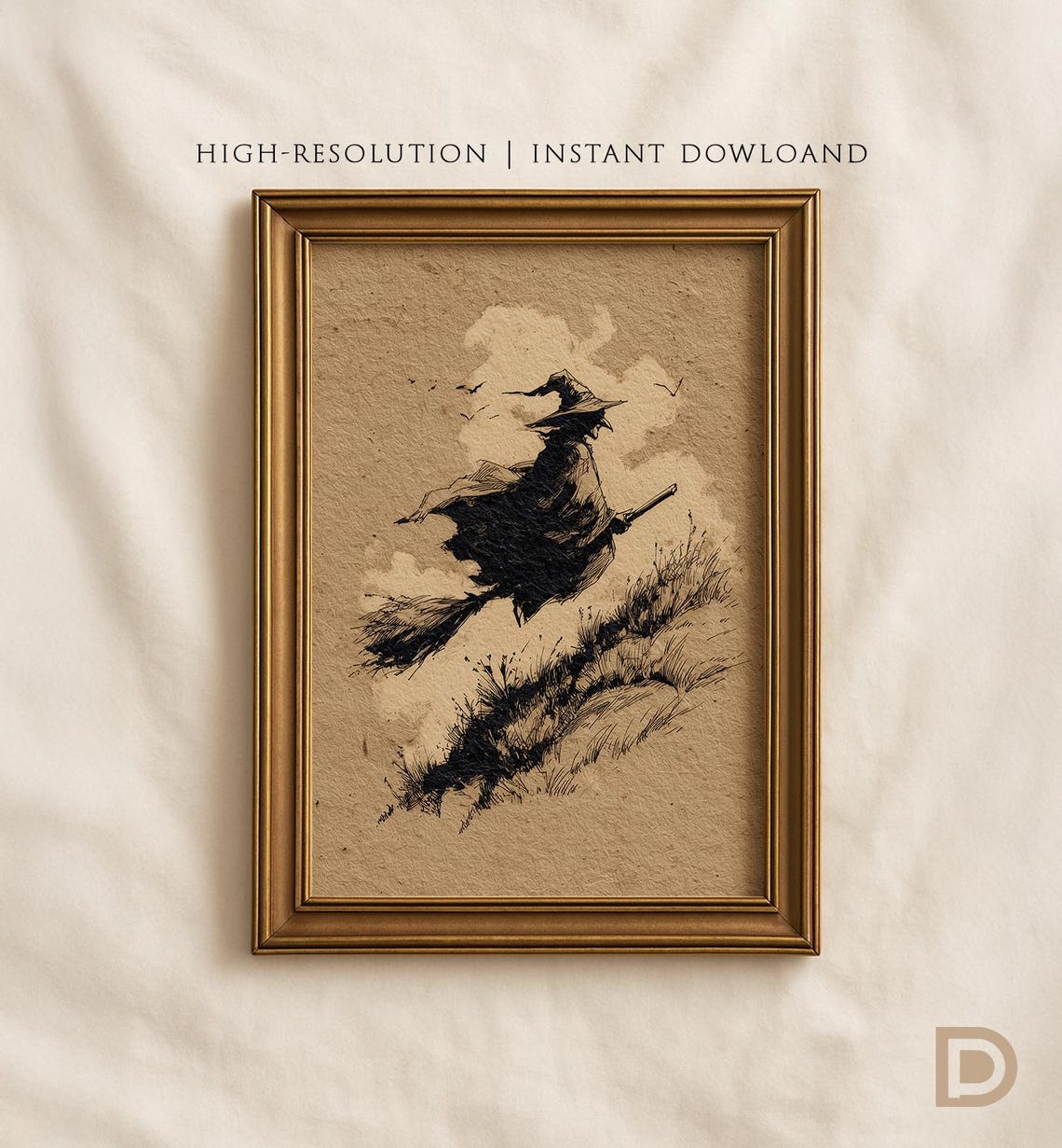 Witch Flying on Broomstick Ink Sketch Vintage Halloween Art Poster
