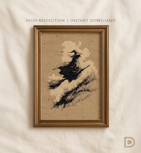 Vintage Witch Drawing Gothic Halloween Wall Art Rustic On Broomstick Sketch Dark Academia