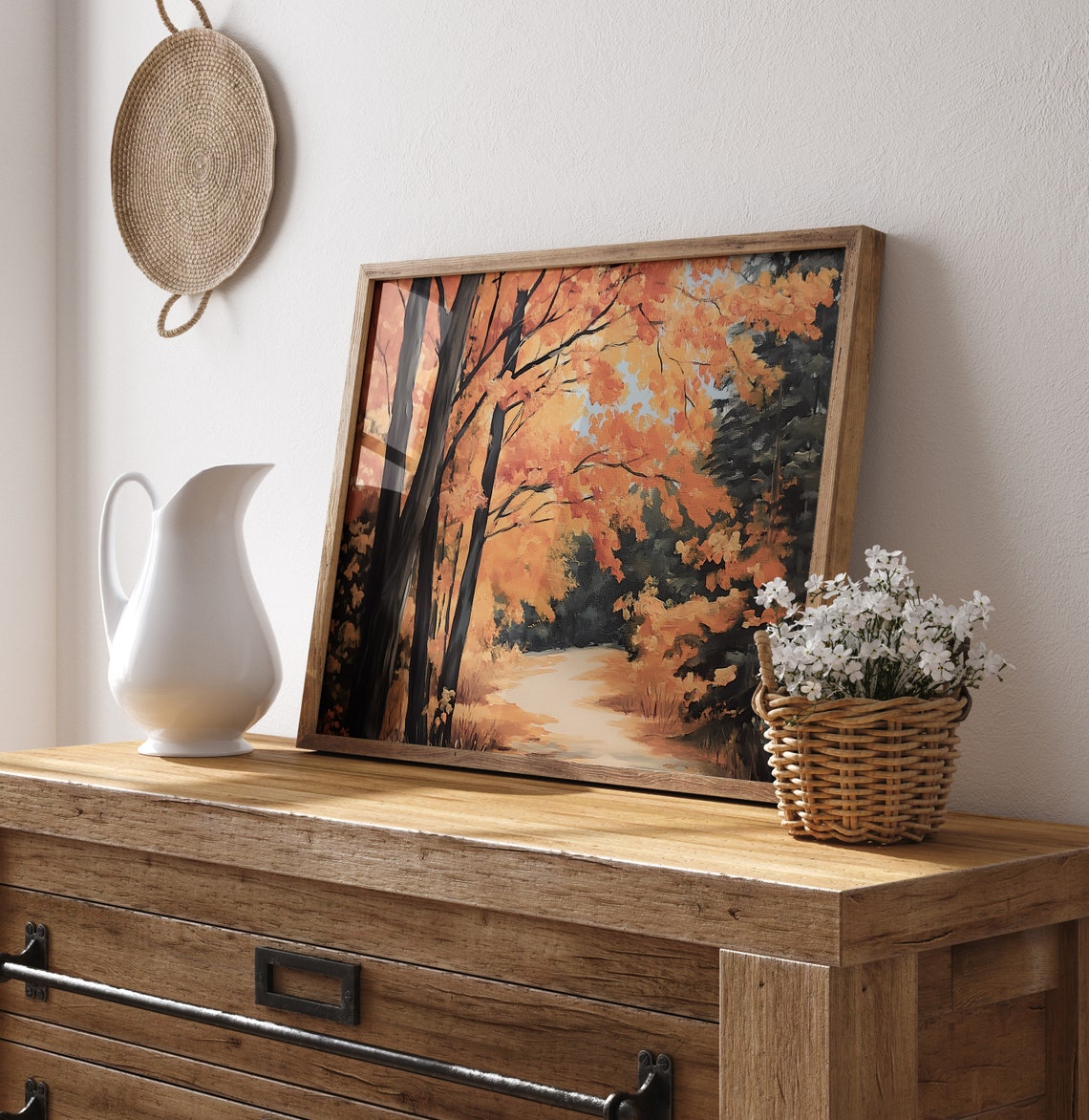 Golden Autumn Forest Path Orange Canopy Tall Dark Trunks Poster - Image 4