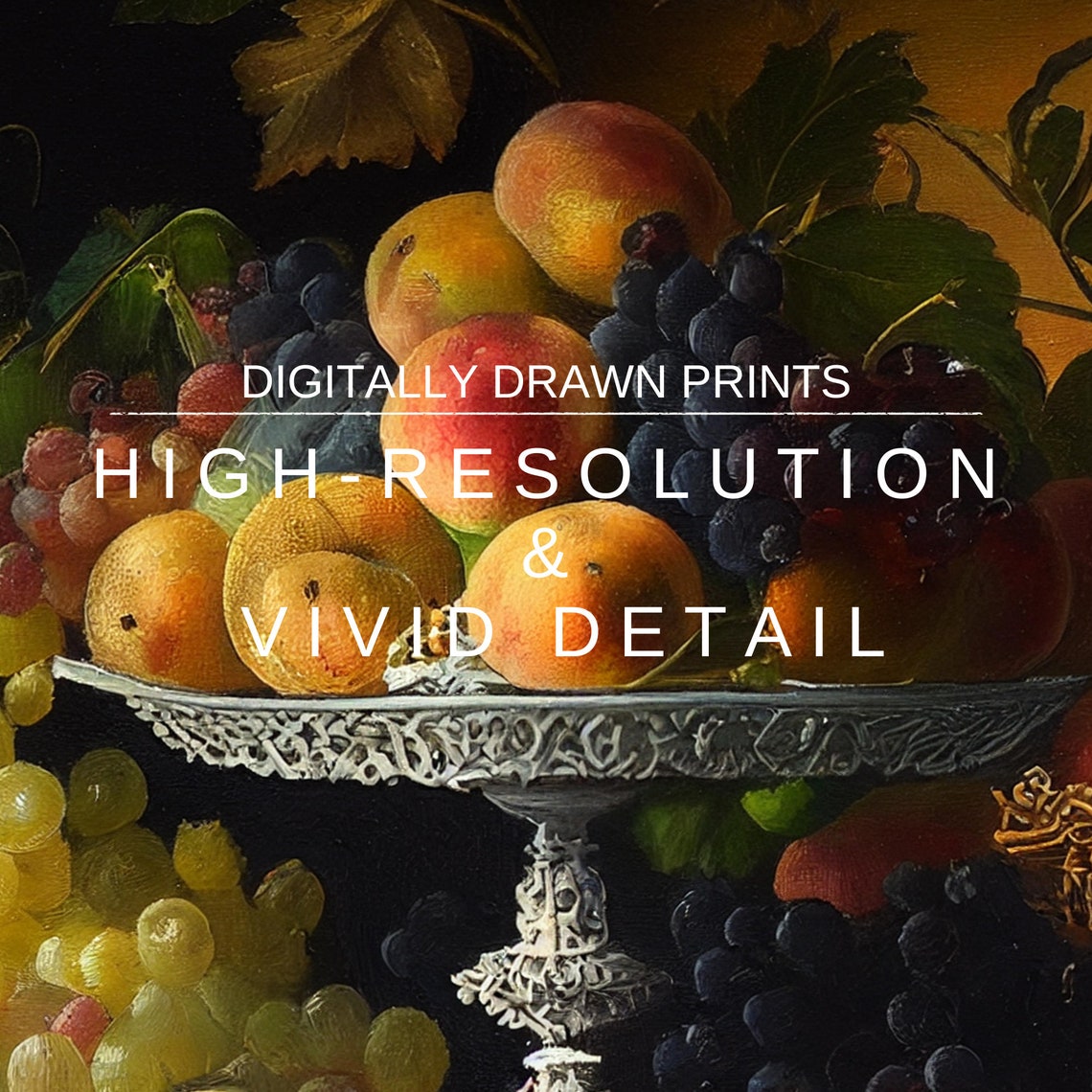Dark Old Master Fruit Still Life Peaches Grapes Compote Painting Print - Image 3