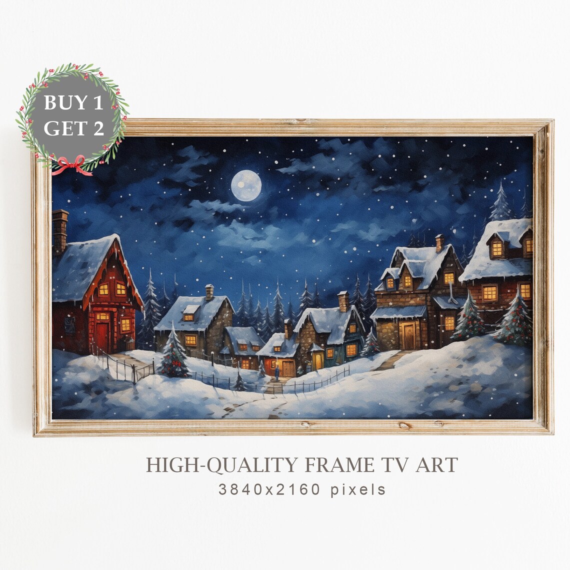 Moonlit Snowy Village Night Winter Wonderland Scene Art Poster