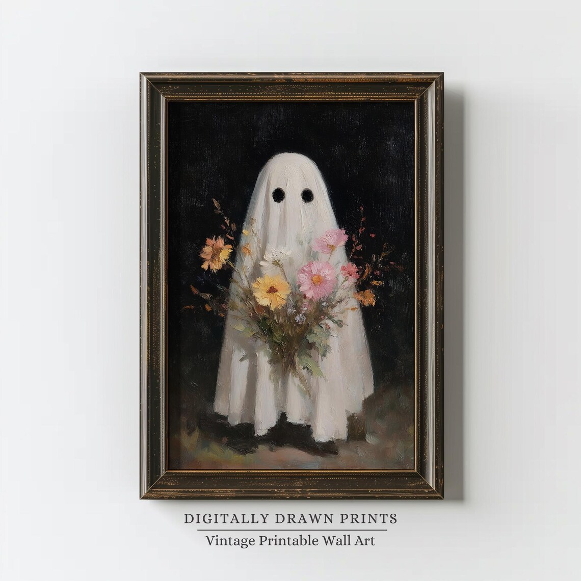 Cute Ghost Holding Flowers Halloween Vintage Oil Painting Style Poster