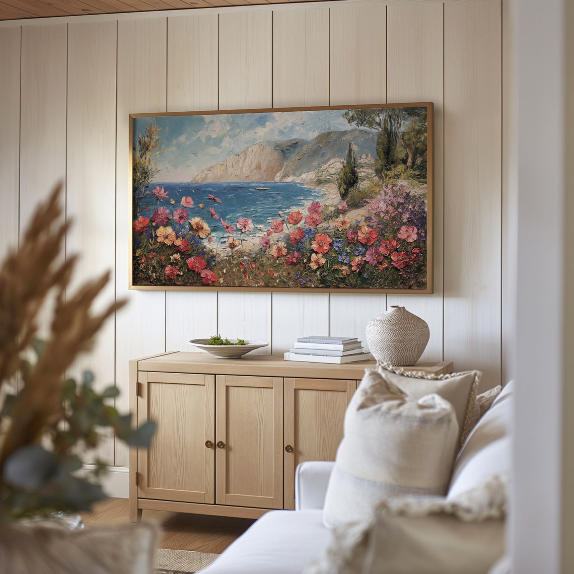 Frame Tv Art Summer Beach Landscape Oil Painting Antique Wildflowers Meadow Country Painting Farmhouse Decor - Image 3
