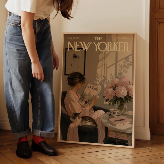 The New Yorker Mar 22 1958 Cozy Reading Nook Cat Peonies Cover Poster