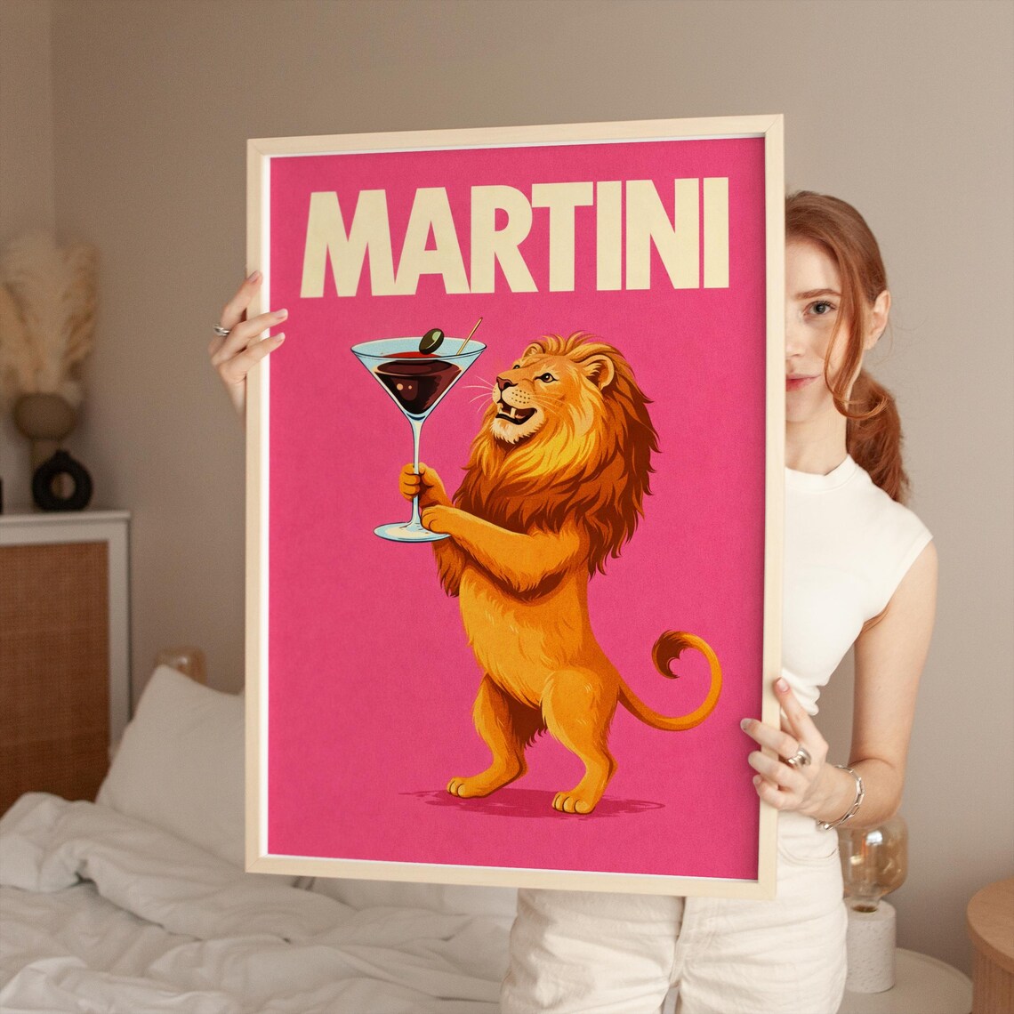 Bold Martini Lion Cartoon Pink Cocktail Retro Home Bar Poster