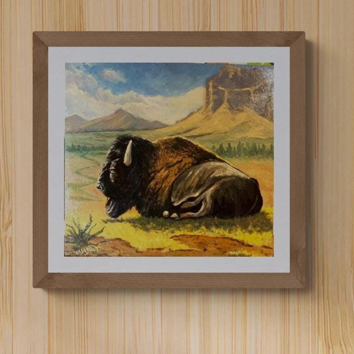 Majestic Bison Resting Western Prairie Mesa Landscape Oil Painting Wall Art - Image 2