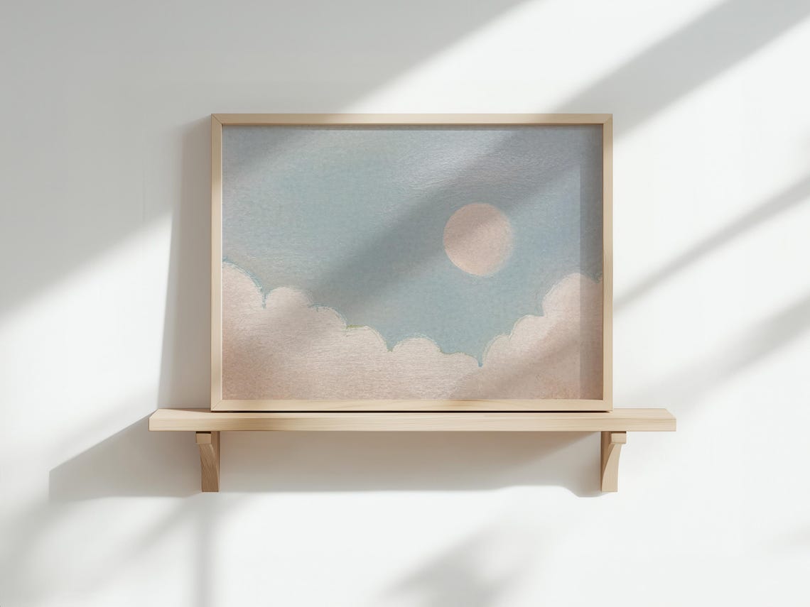 Dreamy Pastel Sky With Blush Clouds and Pale Sun Nursery Print