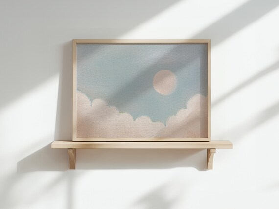Dreamy Pastel Sky With Blush Clouds and Pale Sun Nursery Print