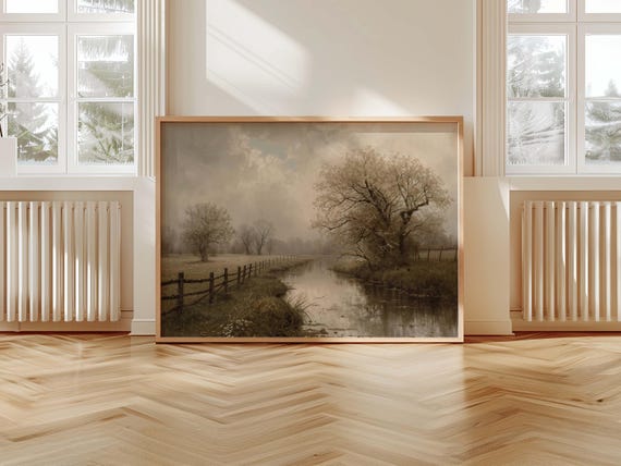 Vintage Landscape Print Gentle Stream Cloudy Sky Wall Art