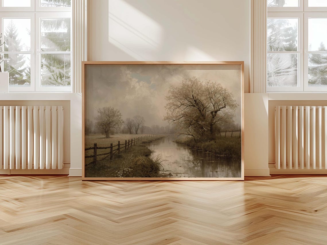 Winding River Pastoral Landscape Fence and Bare Trees Vintage Poster