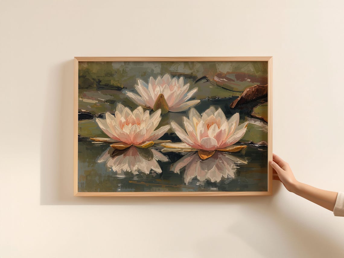 Pink Water Lilies Monet Style Impressionist Pond Painting Art Poster