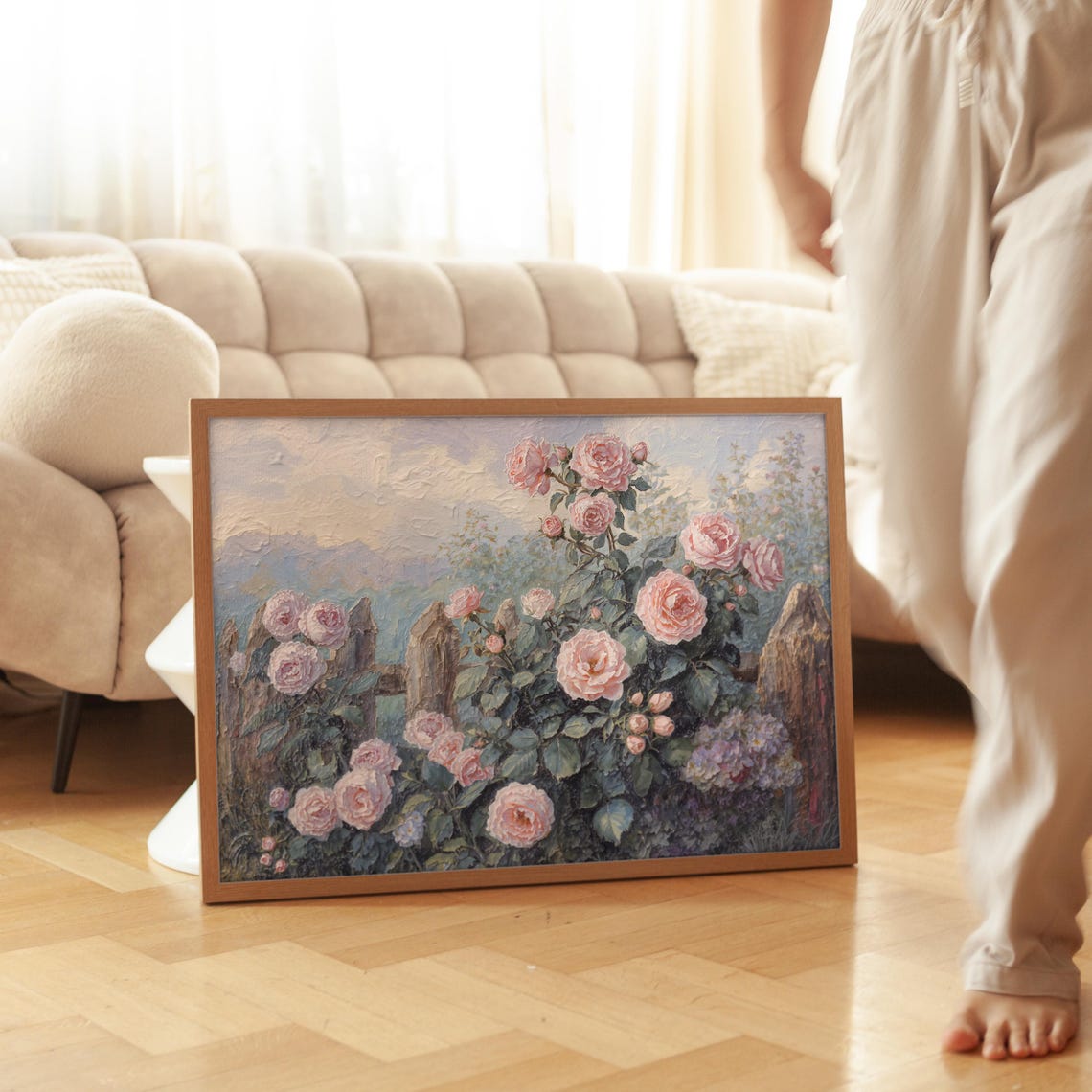 Pink Roses Violets Garden Fence Vintage Impasto Floral Poster