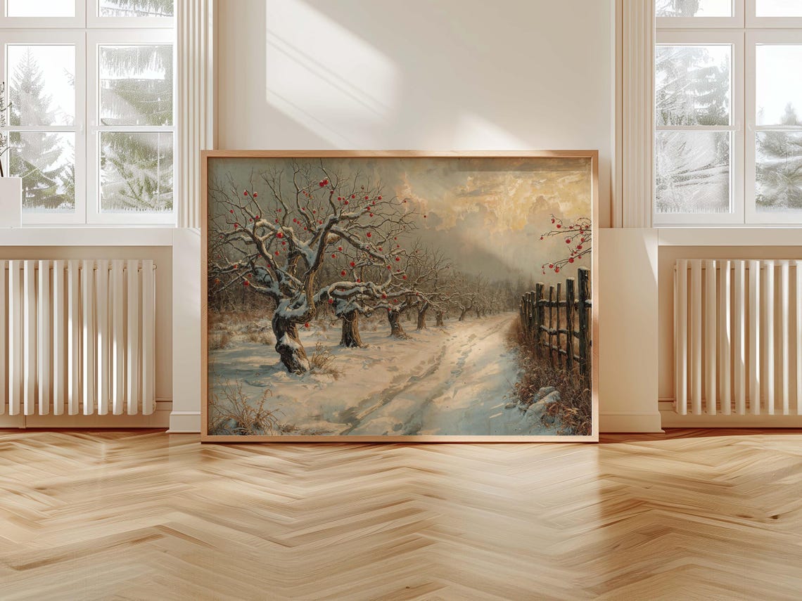 Snowy Winter Path Berry Trees Rustic Fence Landscape Art Print