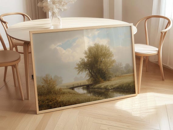 Vintage Landscape Print Wooden Bridge Calm Stream Art