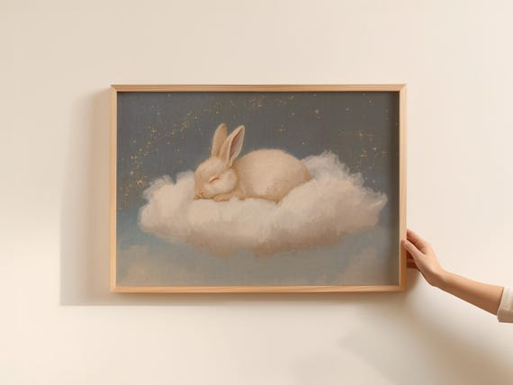 Pastel Rabbit Nursery Print Sleeping Bunny On Cloud