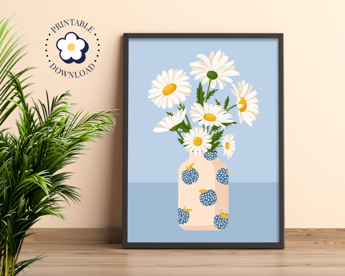 White Daisies In Patterned Vase Floral Wall Art With Blue Charm