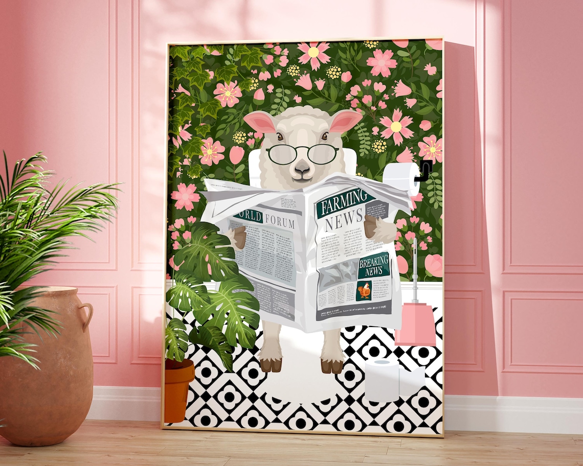 Sheep Bathroom Wall Art, Funny Animal Poster