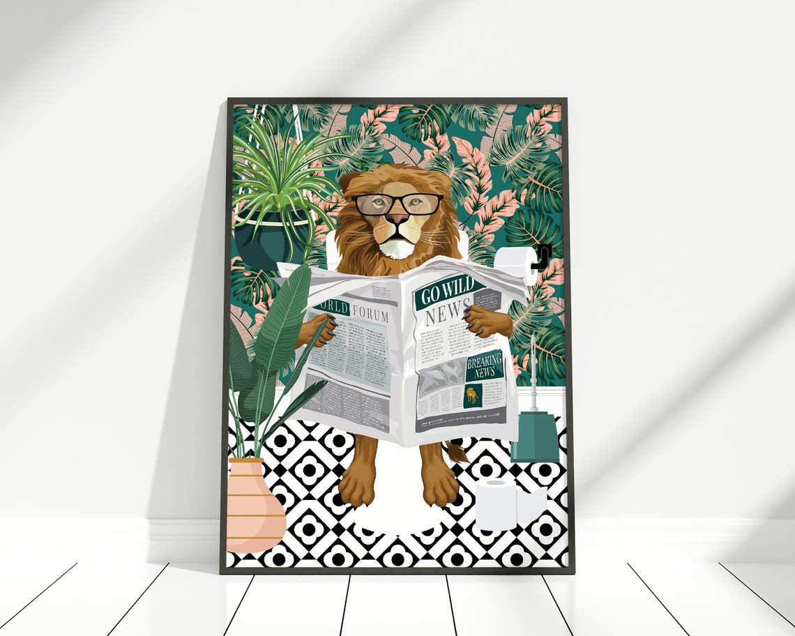 Lion On Toilet Funny Teal Bathroom Art Print