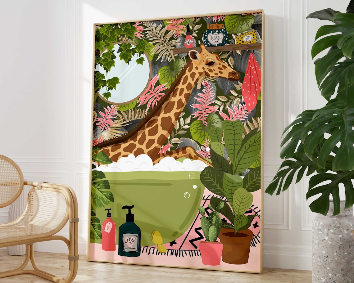 Giraffe Bathroom Funny Animal Art Print