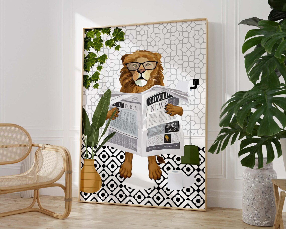Lion in Glasses Reading Newspaper Funny Bathroom Humor Poster