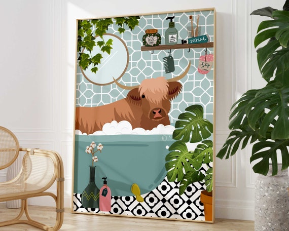 Highland Cow in Bath Botanical Animal Print