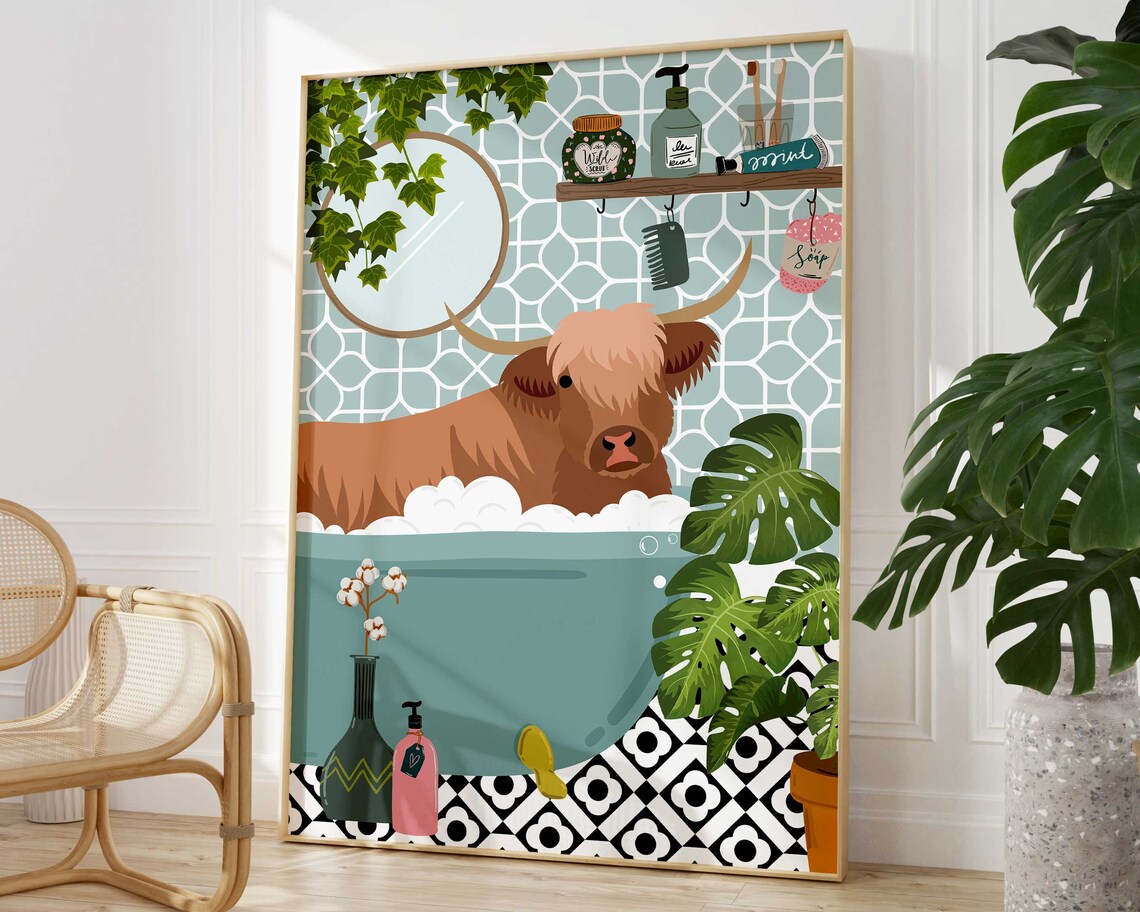 Highland Cow in Bath Botanical Animal Print