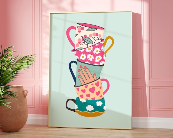 Stacked Tea Cups Retro Floral Art Print, Boho Kitchen