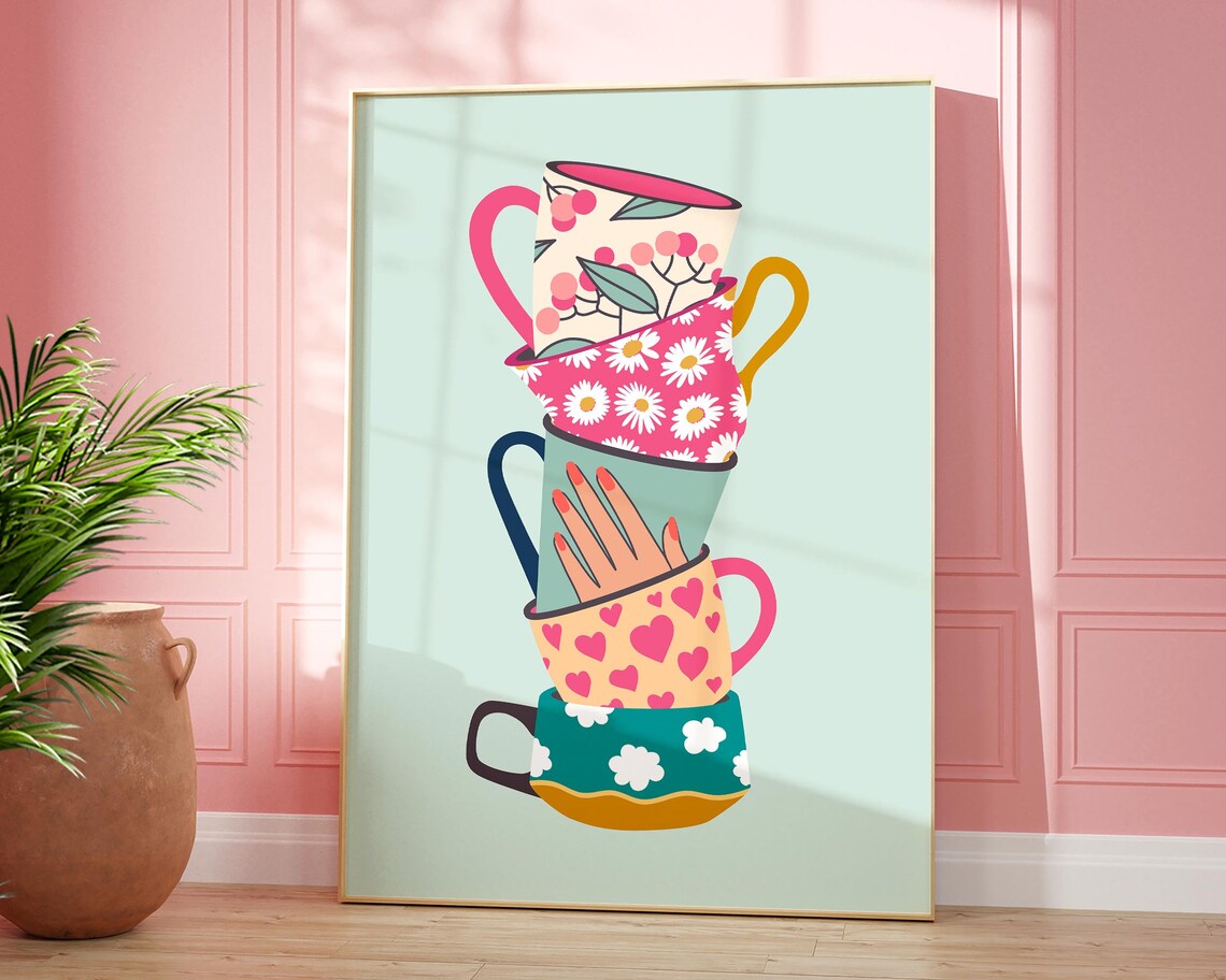 Stacked Tea Cups Retro Floral Art Print, Boho Kitchen