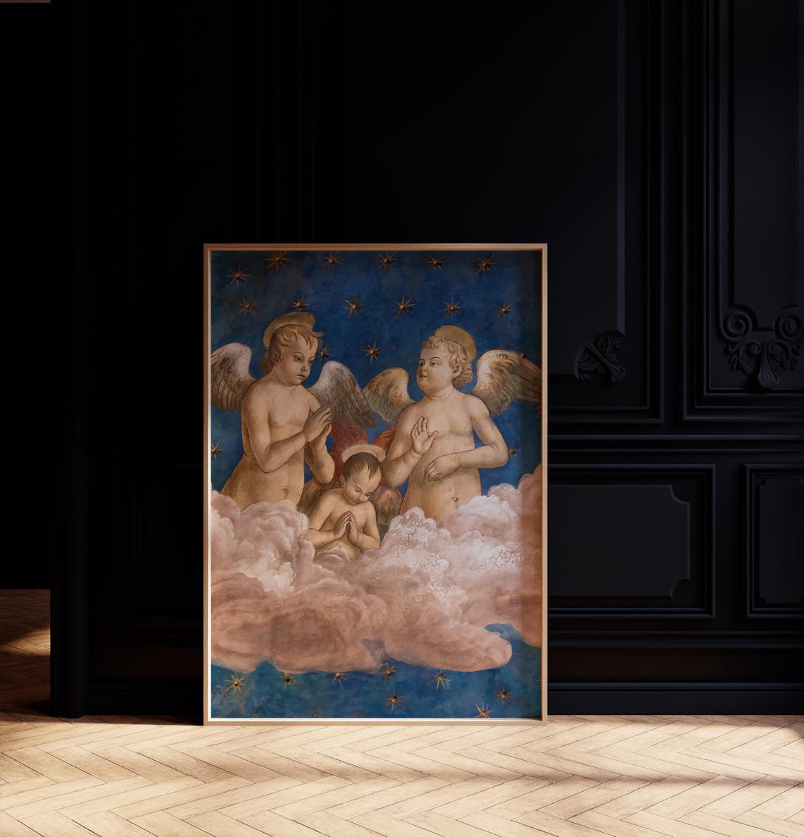 Cherubim Angels On Clouds Blue Starry Sky Religious Painting Wall Art - Image 2